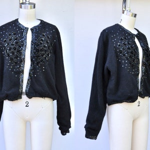 Vintage Beaded Cardigan - Lambswool Angora Black Cardigan - 50s Wool Cardigan - by MatthewH - 50s Heavily Beaded Sequined Mid Century M