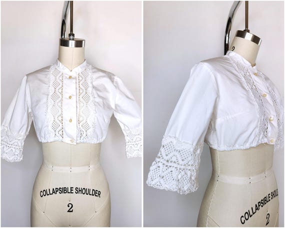 Blusa campesina blanca de encaje tipo dirndl, estilo victoriano