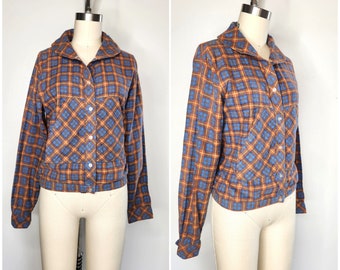 60's 70s Plaid Cotton Jacket - Crop Cropped Jacket with Pockets - Plaid Barn Workwear Fall Jacket Women’s Country Woodland S - M