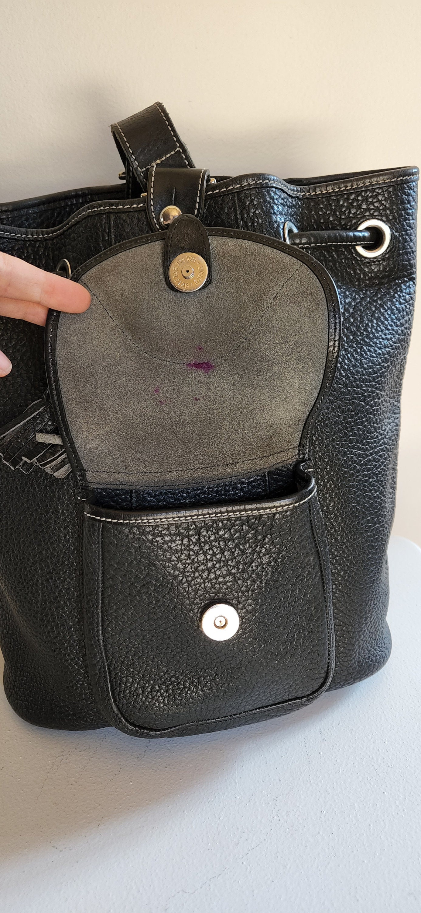 Vintage Dooney & Bourke Black PebbledLeather Drawstring One Sling Backpack Purse Vintage Dooney & Bourke Black Pebbled Leather Backpack Purse  main image 3