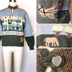 Vintage Hand Knit Novelty Sweater - Novelty Scenery House Horses Carriage Fruits Trees Flowers Wool Sweater - Folklore Sweater - XS - S