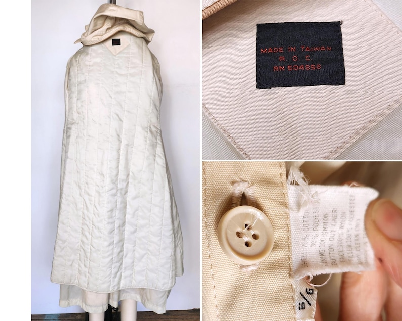 May include: A white quilted hooded jacket with a label that reads "MADE IN TAIWAN R.C.C. RN 504858". The jacket has a size tag that reads "9/9".
