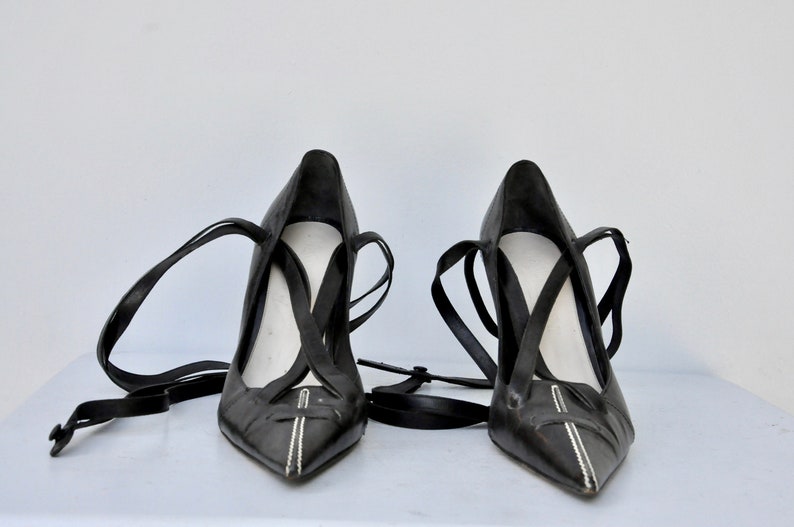 YSL Yves St Laurent Black Stiletto Pumps Shoes - High Heels - Gladiator Straps Shoes - Ankle Strap Shoes - Cocktail Elegant Couture 38 7.5 8 image 4