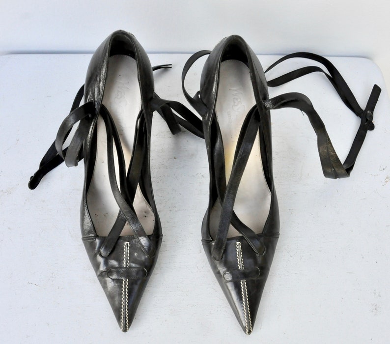 YSL Yves St Laurent Black Stiletto Pumps Shoes - High Heels - Gladiator Straps Shoes - Ankle Strap Shoes - Cocktail Elegant Couture 38 7.5 8 image 8