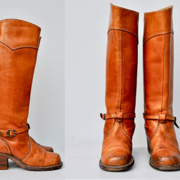 bottes hautes en cuir vintage des années 70 - Bottes en détresse - Campus Stacked Heel - Country Western Rustic Boho Gypsy - Frye Style Boots US 5 - 5.5