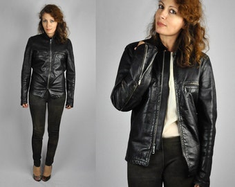Black Leather Jacket Vintage Leather Jacket by BROOKS Sportswear Unisex Men's Women's RARE Motorcycle Biker Jacket size XXs Xs S 36