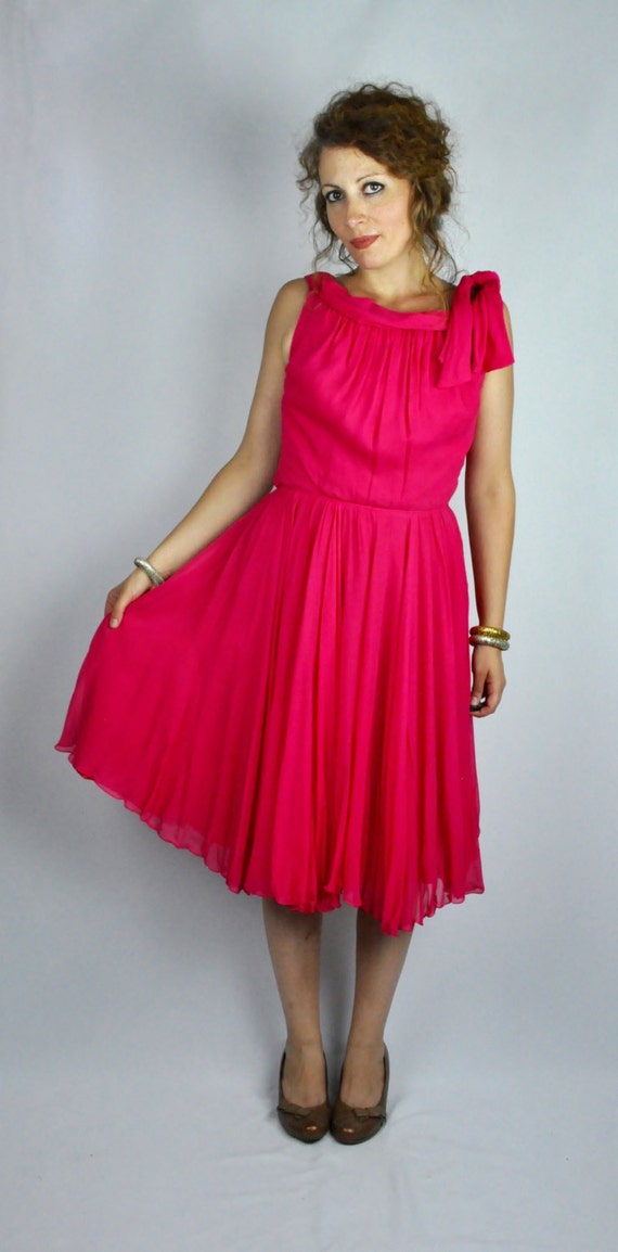 50s SILK Pink Dress - Hot Pink Dress - Fuchsia Dr… - image 4