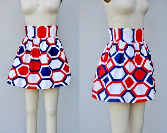 Vintage Color Block Mini Skirt - Geometrical Mini Skirt - High Waisted Mini Skirt - Geometric Color Block - 60s 70s Cotton Skirt XXS - 0