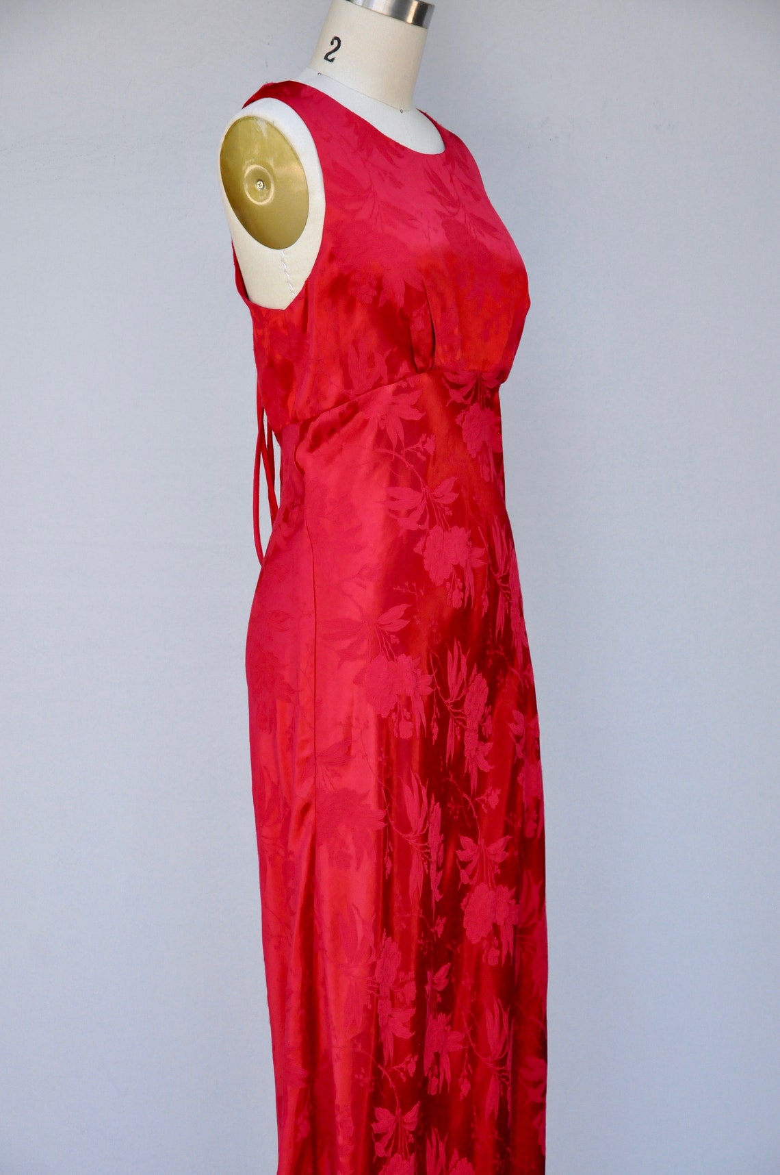 Red Satin Floral Dress Bias Cut Dress Floor Length Dress | Etsy