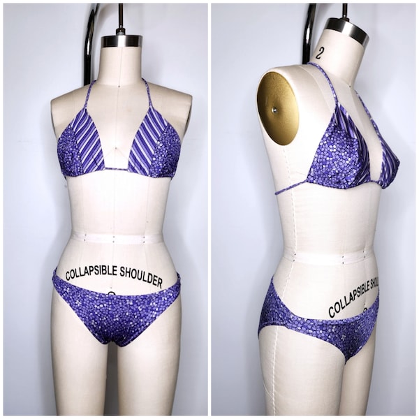 Vintage Floral & Stripes Purple Bikini Swimsuit Bathing Suit by Vague - 2 Pieces Halter Swimsuit Boho Hippie Gypsy 70s 80s Beach Wear XXS XS