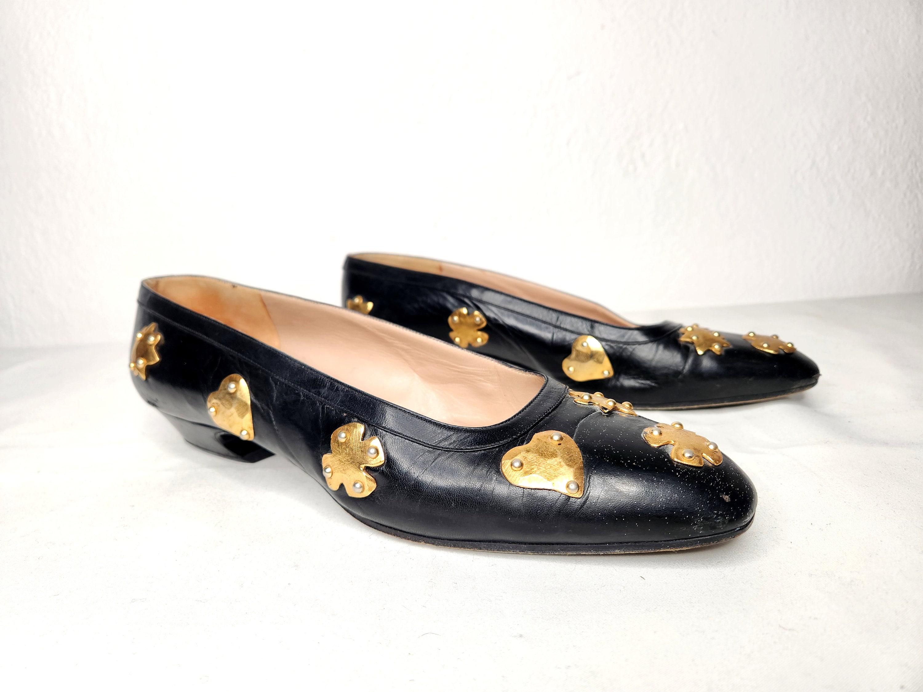 Vintage 80s Christian Lacroix Black Leather Shoes With Gold -