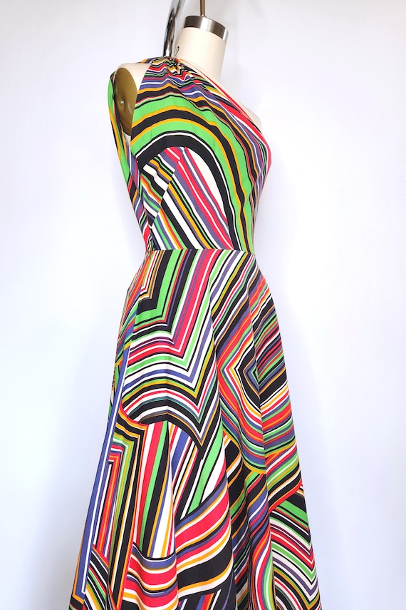 70s Stripes Maxi Dress - One Shoulder Dress - GOR… - image 3