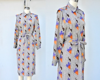 Vintage Pierre Balmain Paris Dress - 70s 80s Dress - Peter Pan Collar Dress - Shirt Dress - Belted Dress - Geometrical Psychedelic XS S M