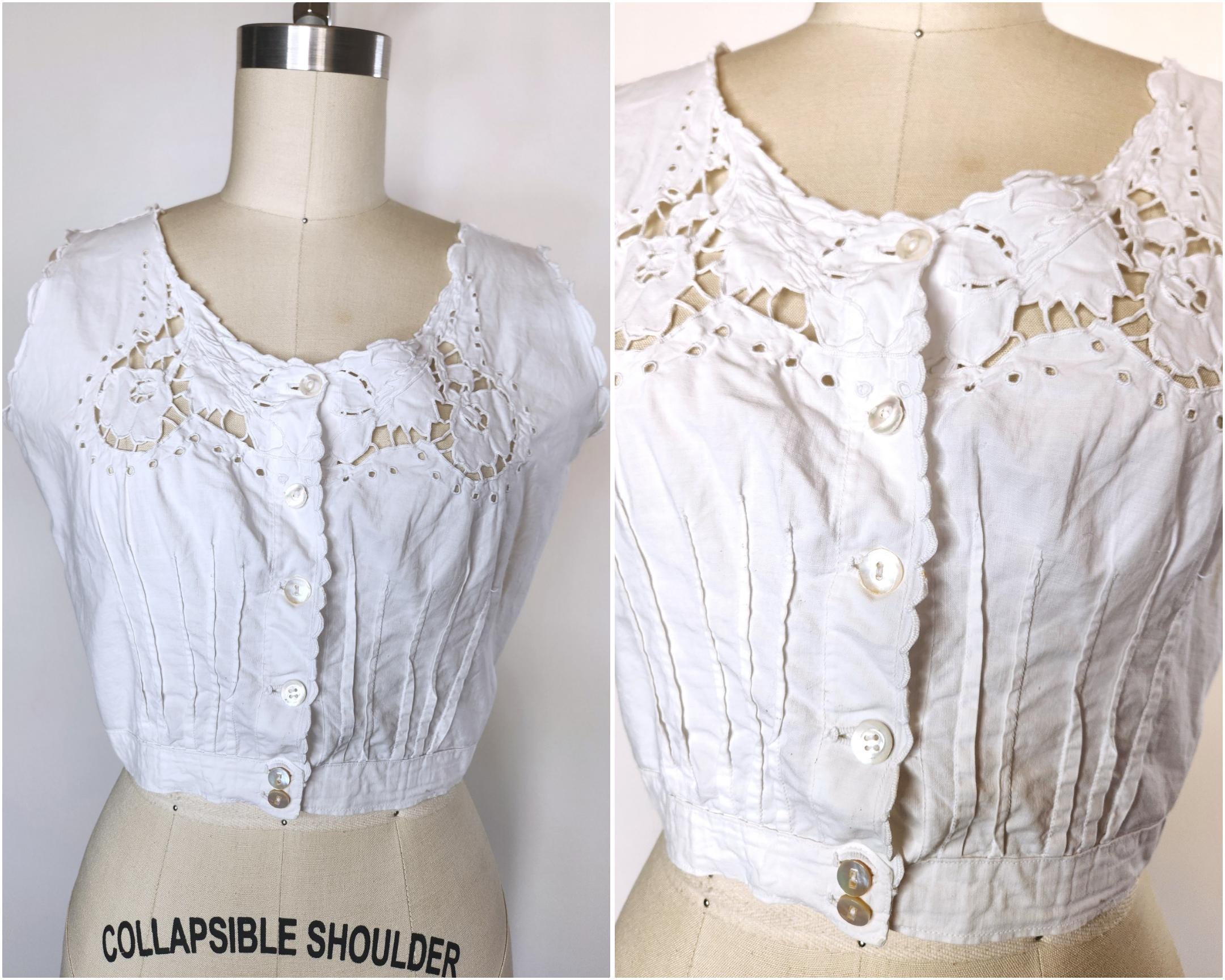 Early 1900s Eyelet & Embroidered Sheer Crop Top - White Crop Top - Button Down Crop Top - White Peasant Prairie Gypsy Boho size XXS - XS