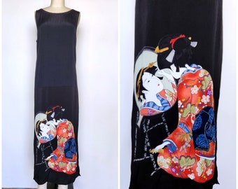 Vintage Asian Dress - Long Maxi Dress - Geisha Print Dress - Novelty Print Asian Oriental Women Dress - Sleeveless Dress Side Slit XS - S