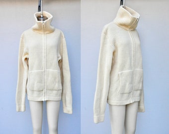 Vintage Chunky Wool Sweater Zip Up Cardigan - Cardigan Sweater - Beige WOOL Cardigan - Fisherman Ireland Nordic Icelandic Unisex Pockets M L