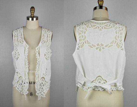 Linen LACE Vest - Embroidered Vest - EYELET White