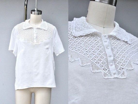 Vintage White Blouse with Cotton Lace Bib and Coll