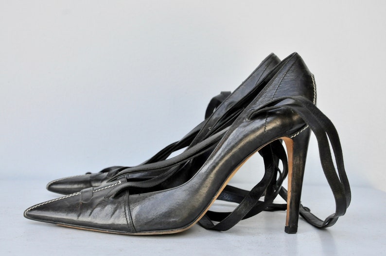 YSL Yves St Laurent Black Stiletto Pumps Shoes - High Heels - Gladiator Straps Shoes - Ankle Strap Shoes - Cocktail Elegant Couture 38 7.5 8 image 2