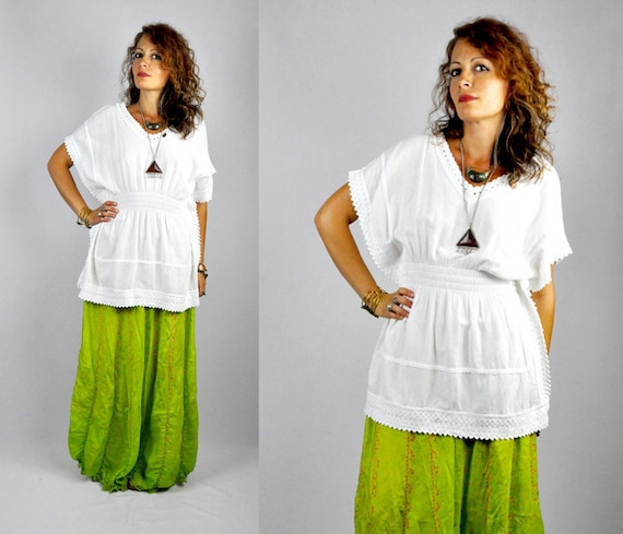 White Mexican Blouse - Cotton Gauze - Crochet LACE