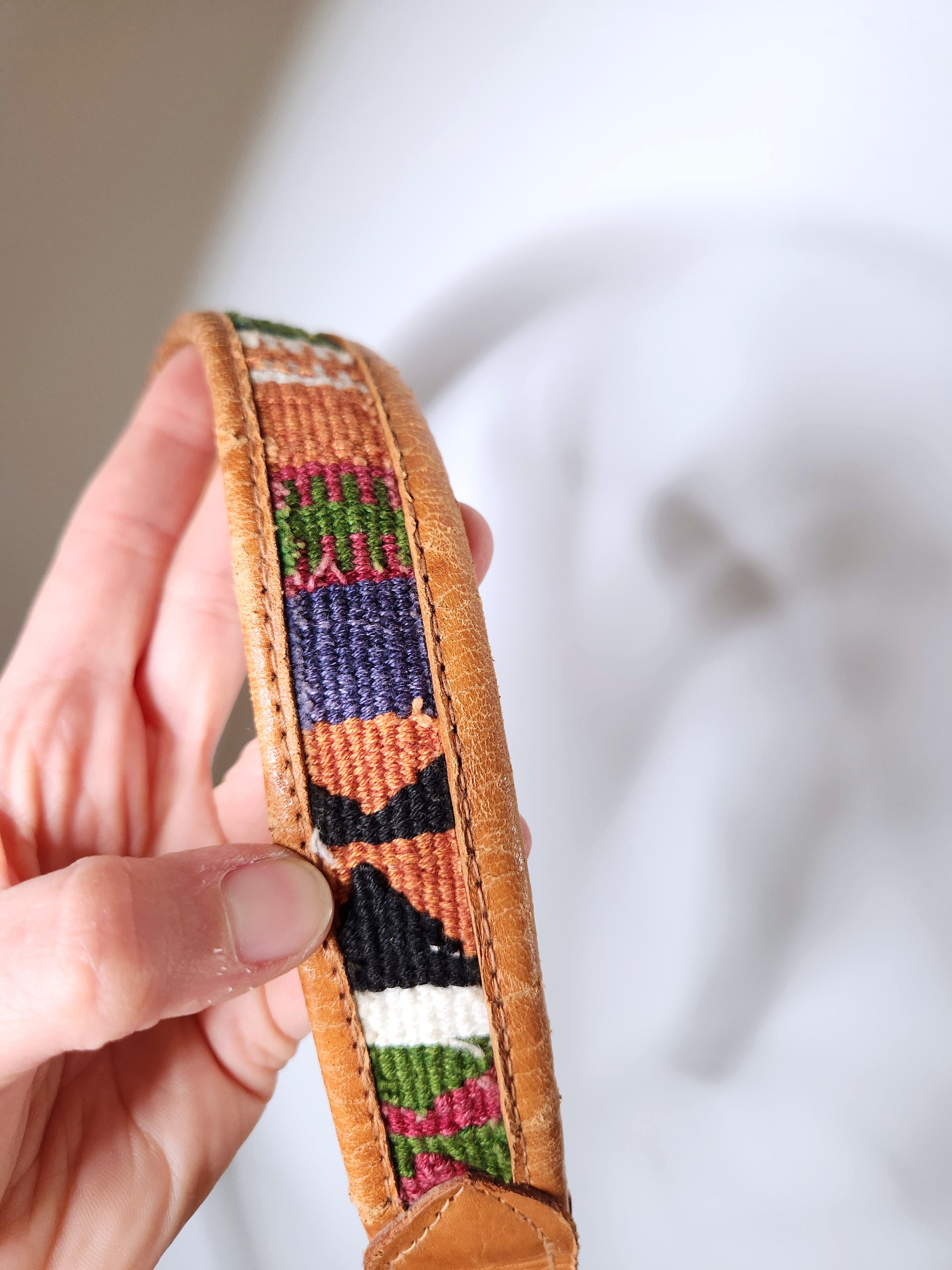 Colorful Kilim LEATHER Belt - WOOL & Leather Belt - Navajo  display picture 2