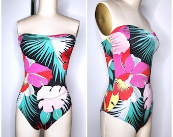 Vintage One Piece Hawaiian Swimsuit - Primizia Made in Italy 60s Hawaiian Swimsuit - Colorful Floral Strapless Swimsuit Beach Wear XS