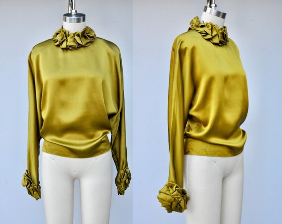 Vintage Green Liquid Satin Blouse with Ruffled Nec