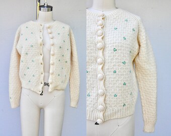 50s WOOL Cardigan - Floral Embroidered Cardigan - Ivory Sweater Cardigan - GORGEOUs Little Bue Flowers Chunky Warm XS - S