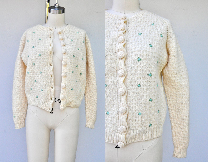 50s WOOL Cardigan Floral Embroidered Cardigan Ivory Etsy