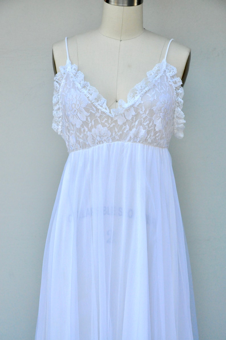 Vintage White Lace & Nylon Slip Lingerie Long White Slip Dress Peignoir Lingerie Sexy Long Maxi Slip Dress Lace Night Gown XS S image 7