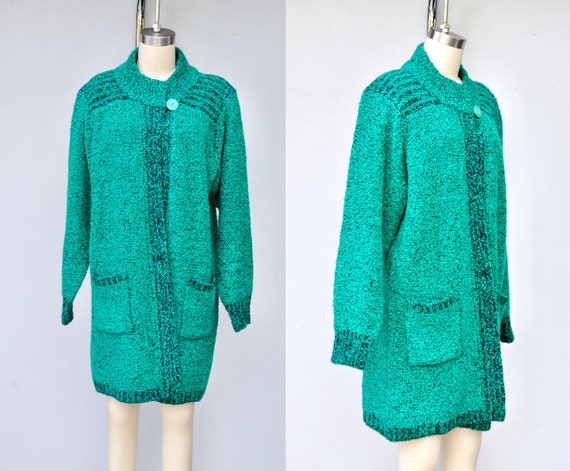 80s Terry Cloth Green Duster Long Cardigan Duster… - image 1