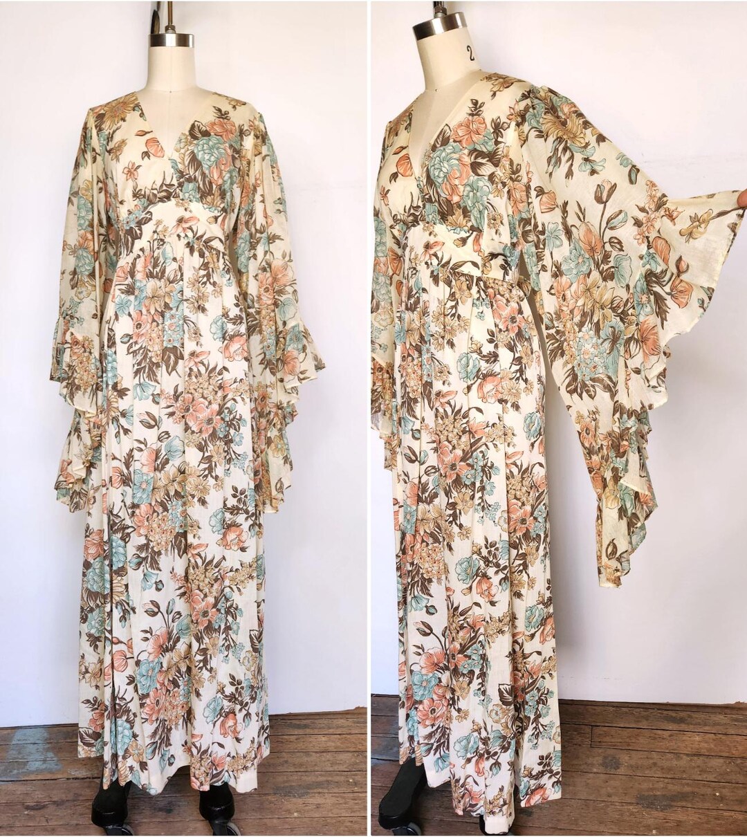 70s Cotton Dress W/huge ANGEL Wing BELL Sleeves - Floral Dress Boho ...