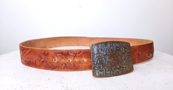Vintage Tooled Floral Leather Belt - Brown Leathe… - image 10