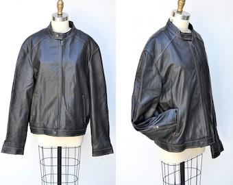 Vintage Men's Leather Jacket - Black Leather Bomber Jacket - Korean Mandarin Collar - Supple Leather - Moto Motorcycle Biker Rider XL