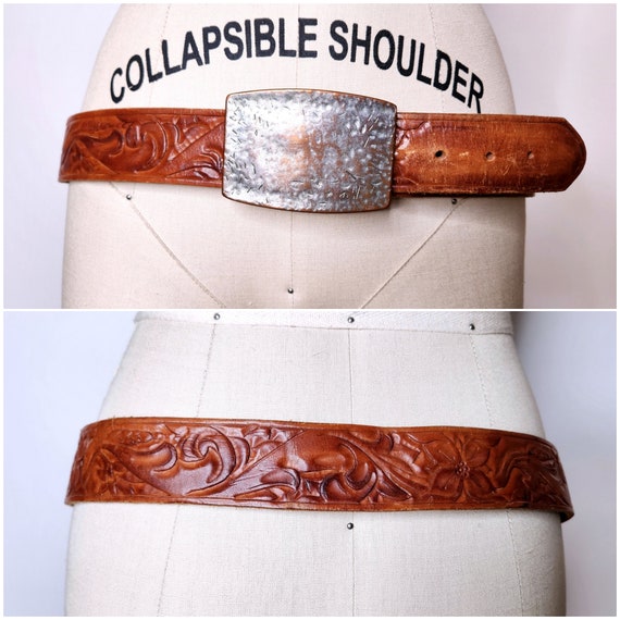 Vintage Tooled Floral Leather Belt - Brown Leathe… - image 1