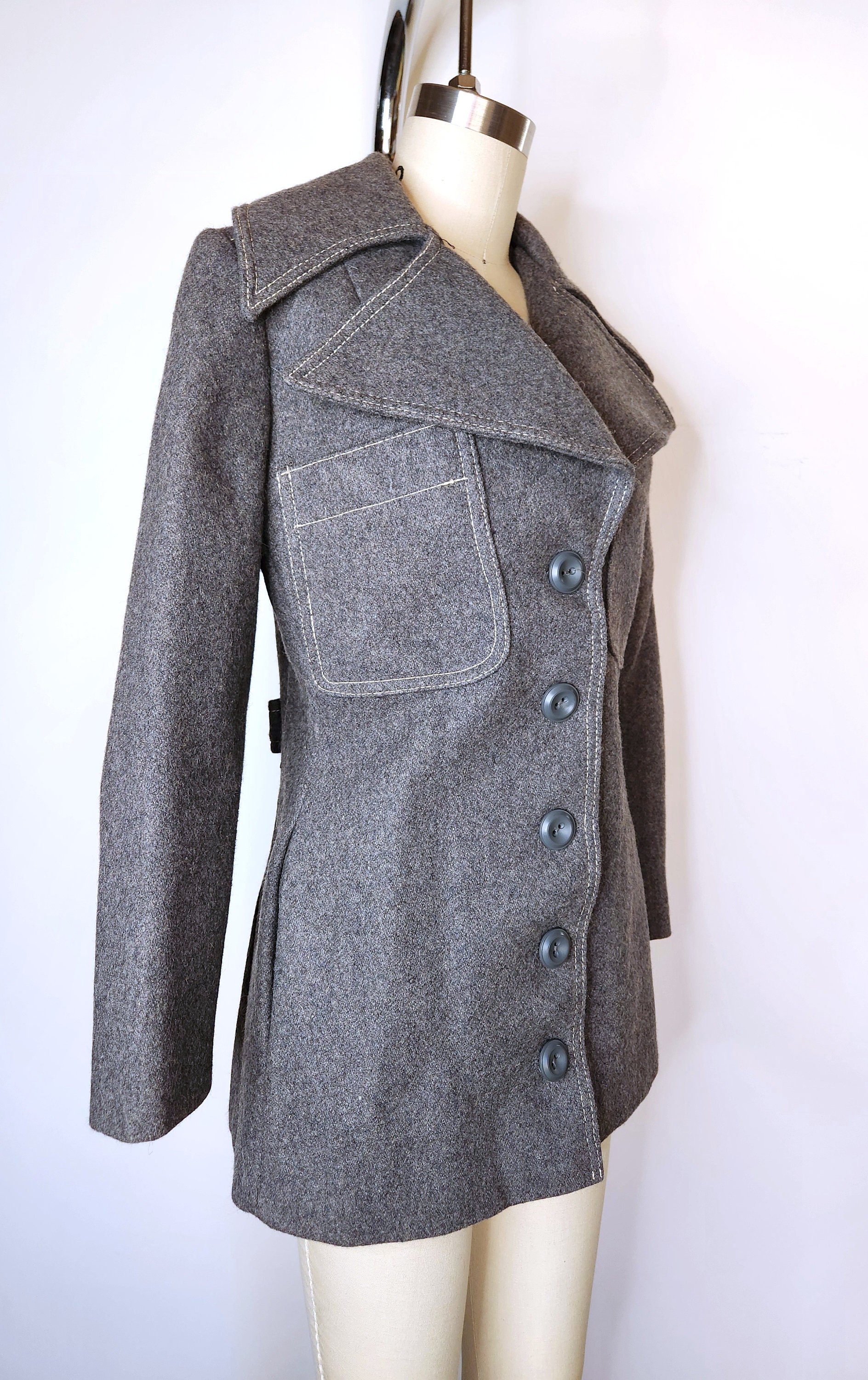 Vintage Gray Wool Jacket With Pointed Collar - Pointed Collar