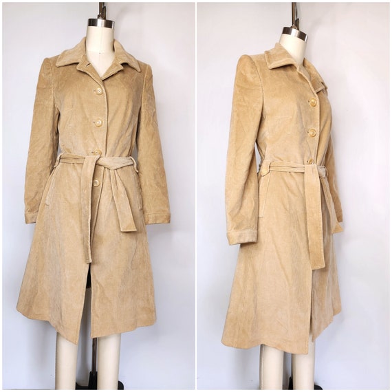 Vintage Corduroy Trench Coat - Belted Coat - Long 