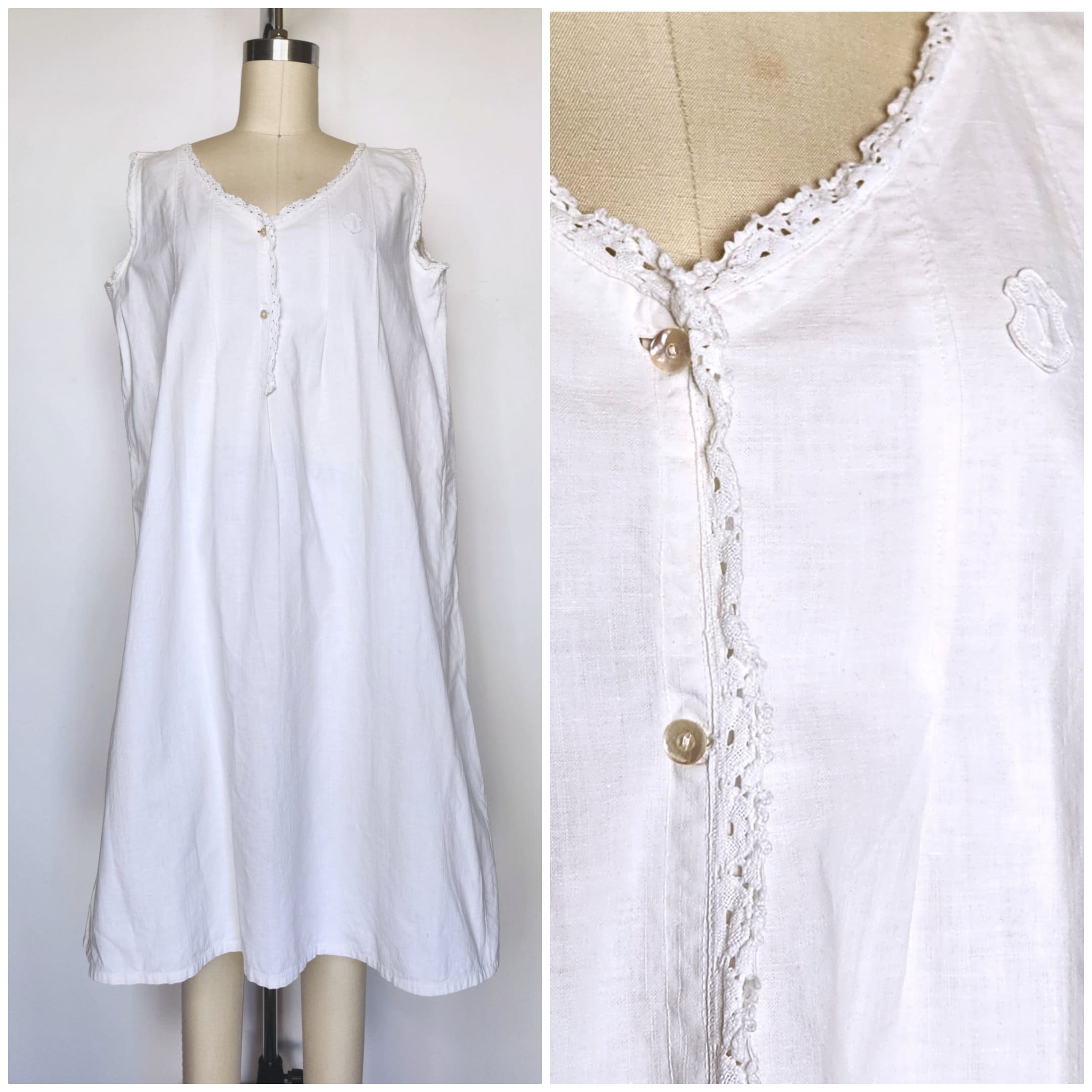 Edwardian Cotton Chemise 1910s / Eyelet Lace Embroidered