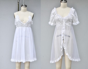 60s Set Sheer Mini Baby Doll Nightgown Bed Dress + Bed Jacket - Tosca California Lingerie White 2 Pieces Set Night Gown Peignoir Lingerie S