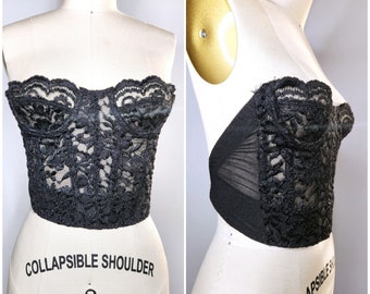 Vintage Lily of France Black Corset - Black Lace Bustier Corset - Strapless Bra Goth Sexy Rocker Pin Up Costume 80s 90s 32A XXS XS