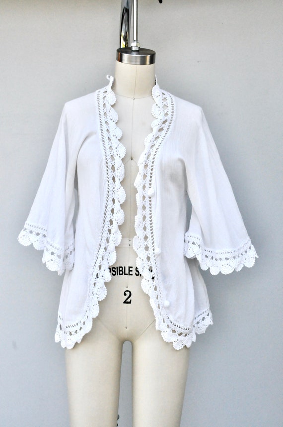 Vintage Crochet Trim BELL Sleeves Blouse Jacket S… - image 7