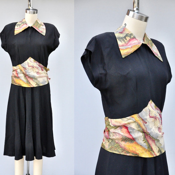 Vintage 1940s Black Dress - 40s Rayon Dress with Silk Collar and Waist Band - Wounded Study Copy Collectible Filming PhotoShooting S