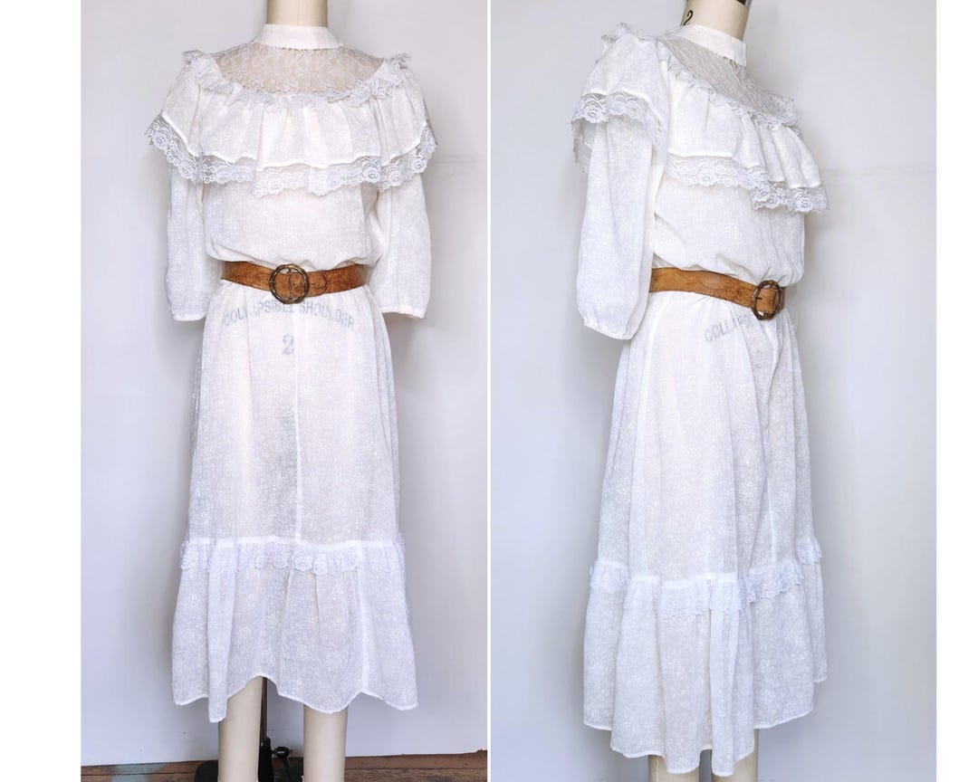 Vintage 70s Gunne Sax Style Lace Dress - White Lace Wide Collar & Trim ...