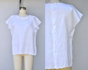 Vintage White LINEN Blouse - Hand Embroidered Blouse - Button Down Back - Scalloped Hem - Peasant Minimalist Italian Linen Top Blouse  S - M