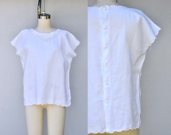 Vintage White LINEN Blouse - Hand Embroidered Blo… - image 1