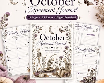 Skeleton Fitness Journal Printable, October Bullet Journal for Halloween Workout Motivation for Low Energy Movement Habits