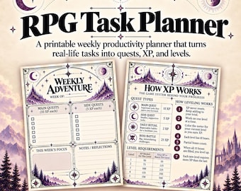 Simple Gamified Life Planner Template,  RPG Bullet Journal Habit and Task Tracker Printable PDF, for ADHD, Printer Friendly White Background
