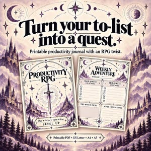 Produktivitets-RPG-planerare, utskrivbar Celestial Fantasy, spelifierad uppgifts- och vanespårare för ADHD-vuxna, Bullet Journal PDF