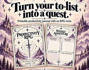 Productivity RPG Planner, Celestial Fantasy Printable, Gamified Task & Habit Tracker for ADHD Adults, Bullet Journal PDF