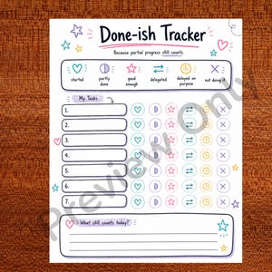 May include: A white paper Done-ish Tracker with colorful hand-drawn icons and text. It features a task list with seven numbered rows, each paired with status symbols for started, partly done, good enough, delegated, delayed, and not doing it.
